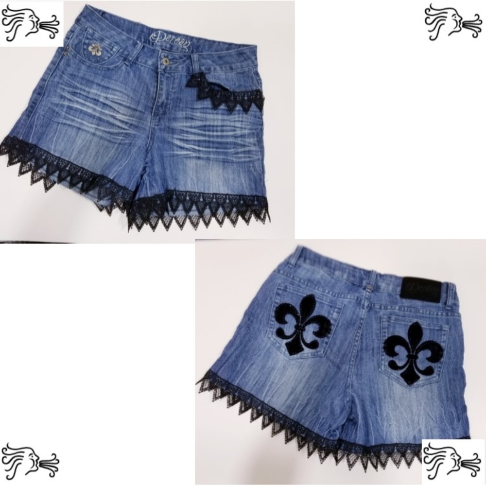 Darence Size 9/10 Blue Jean Shorts Black Lace Trim